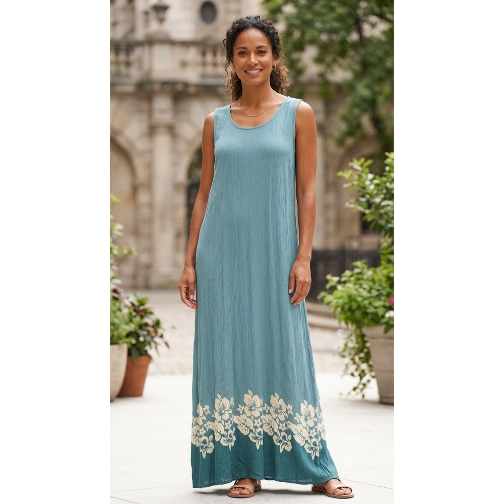 Pineapple Moon Teal Blue Crinkle Floral Maxi Dress Tropical One Size OS Coastal